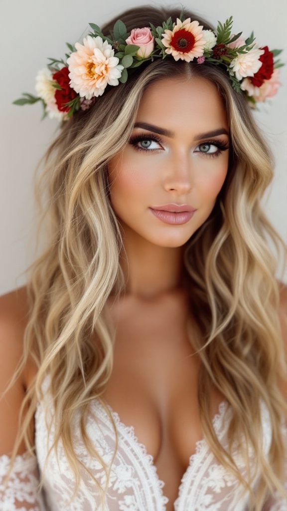 A woman with loose waves and a floral crown, embodying a bohemian chic style.