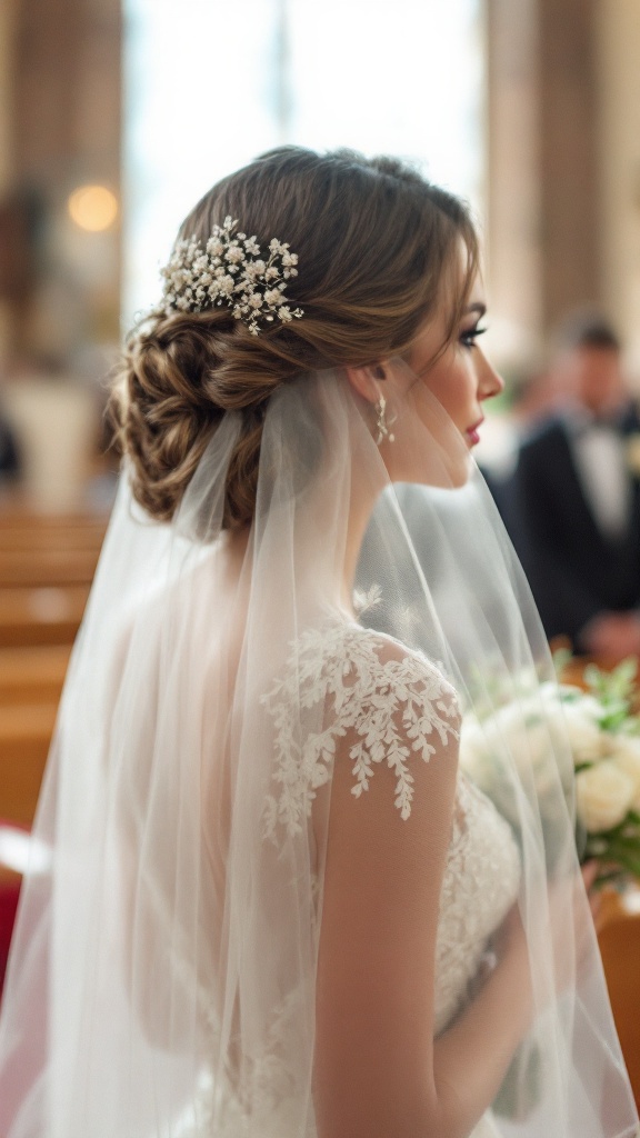 Bride with classic half-up hairstyle and tulle veil
