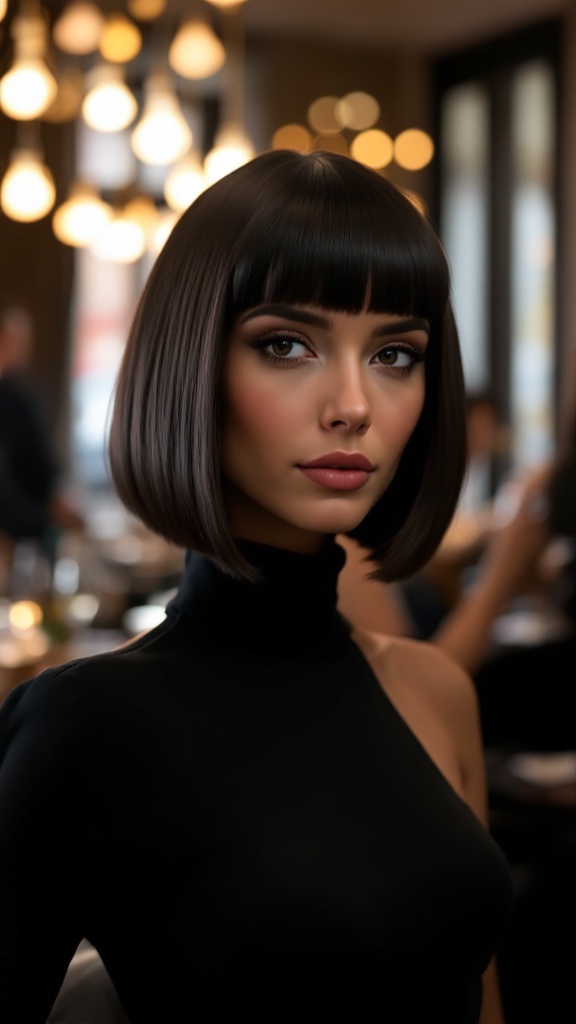 A woman with a classic smooth bob hairstyle, wearing a black top, in a stylish dining setting.