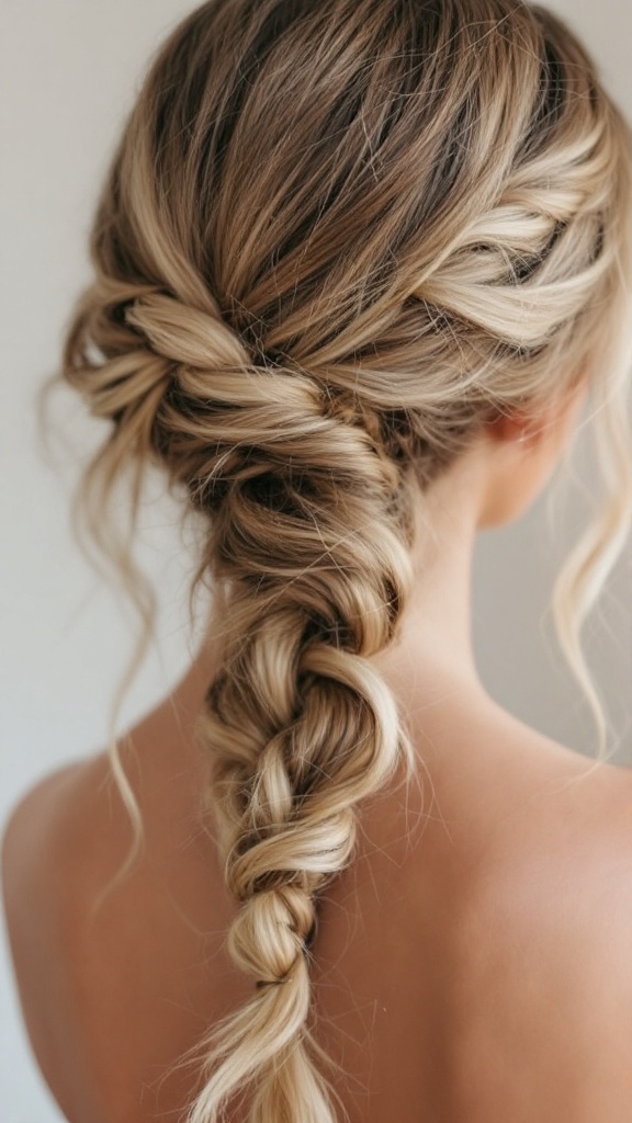 A close-up of a delicate waterfall braid hairstyle
