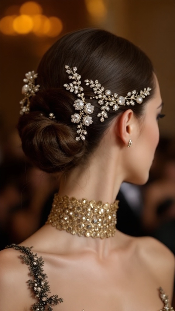 A woman with a stylish hair accessory featuring pearls and jewels, showcasing a chic hairstyle.