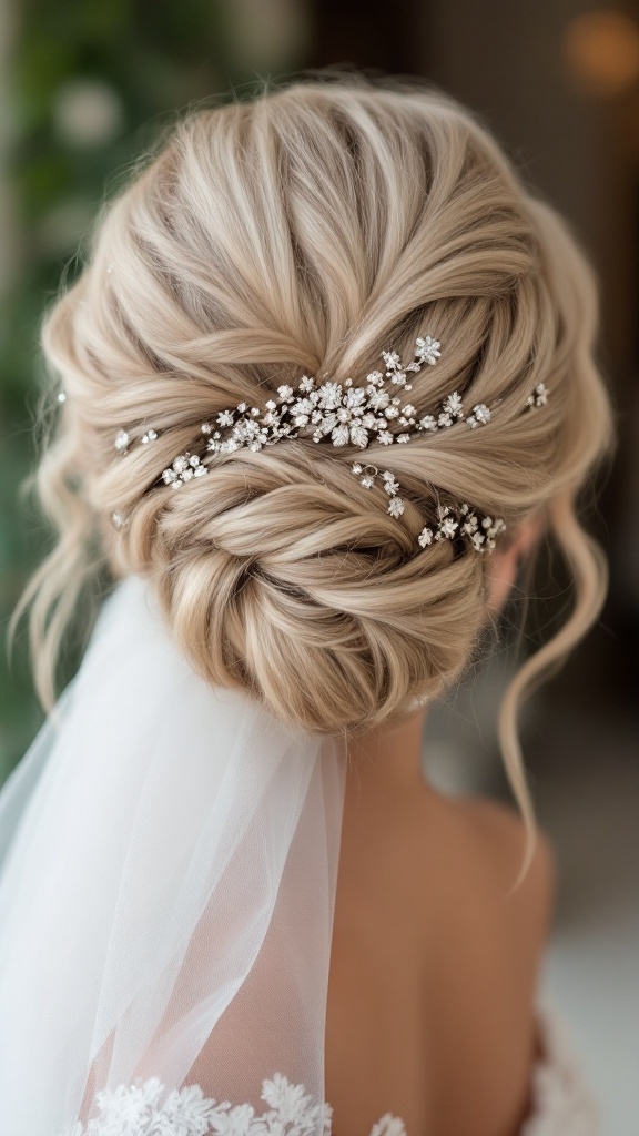 Elegant twisted updo hairstyle with floral accents and veil