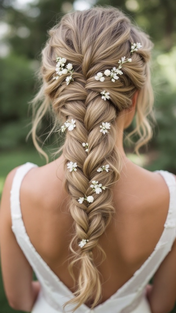 A beautiful fishtail braid adorned with small floral clips.