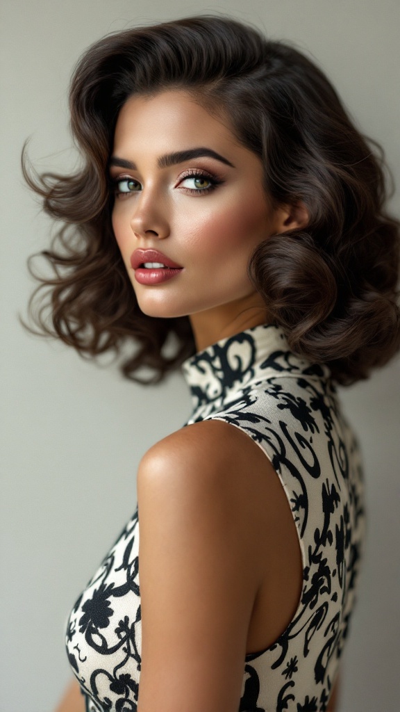 A woman with glamorous Hollywood waves, wearing a stylish patterned top.
