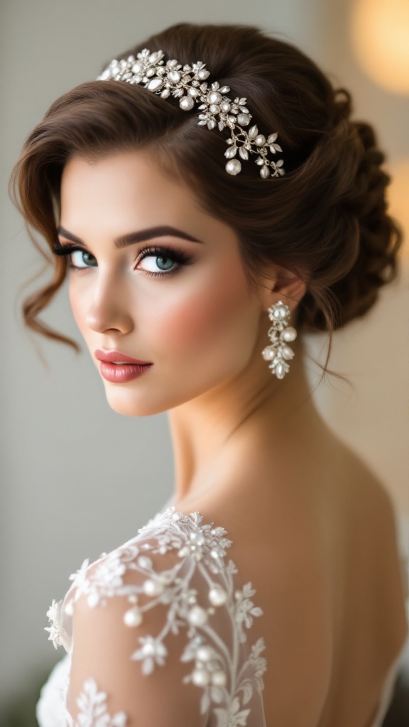 A beautiful woman with vintage-inspired hair and elegant accessories