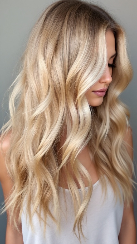 A woman with long, wavy golden honey ombre hair.