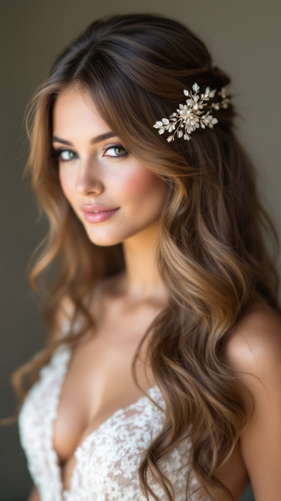A woman with a half-up half-down hairstyle adorned with curls and a floral hair accessory.