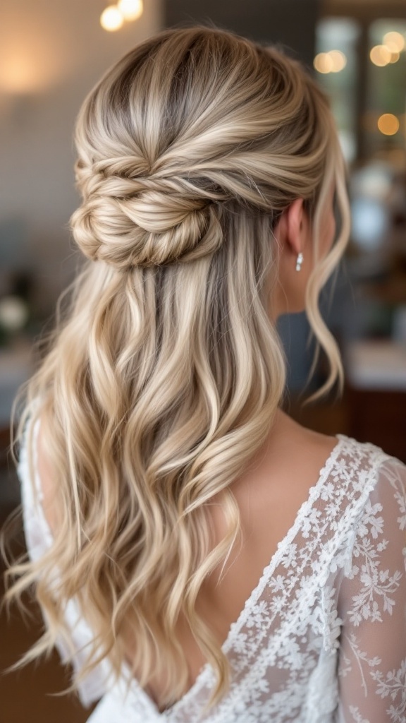 Half-up knotted hairstyle with textured waves