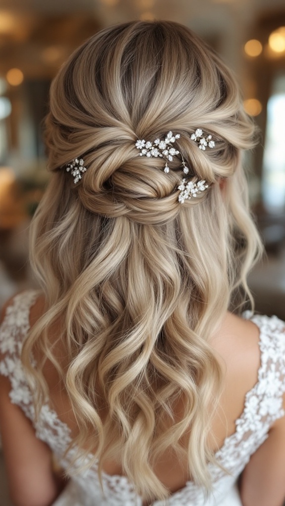 A half-up twist hairstyle adorned with crystal accents.