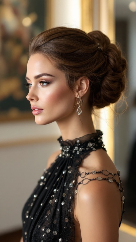 A woman with a stylish chignon hairstyle, wearing a black dress with embellishments.
