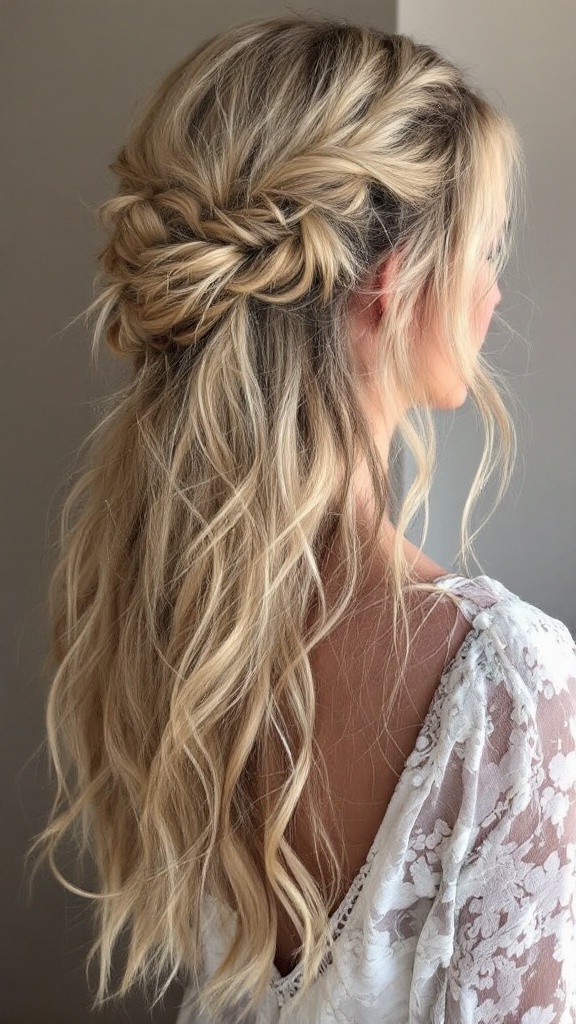 A beautiful messy half-up hairstyle with loose waves and a braid.