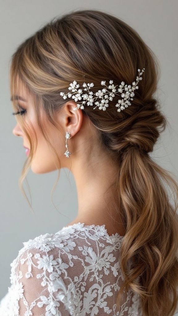 A woman with a modern ponytail adorned with a decorative hairpiece, showcasing a stylish look.
