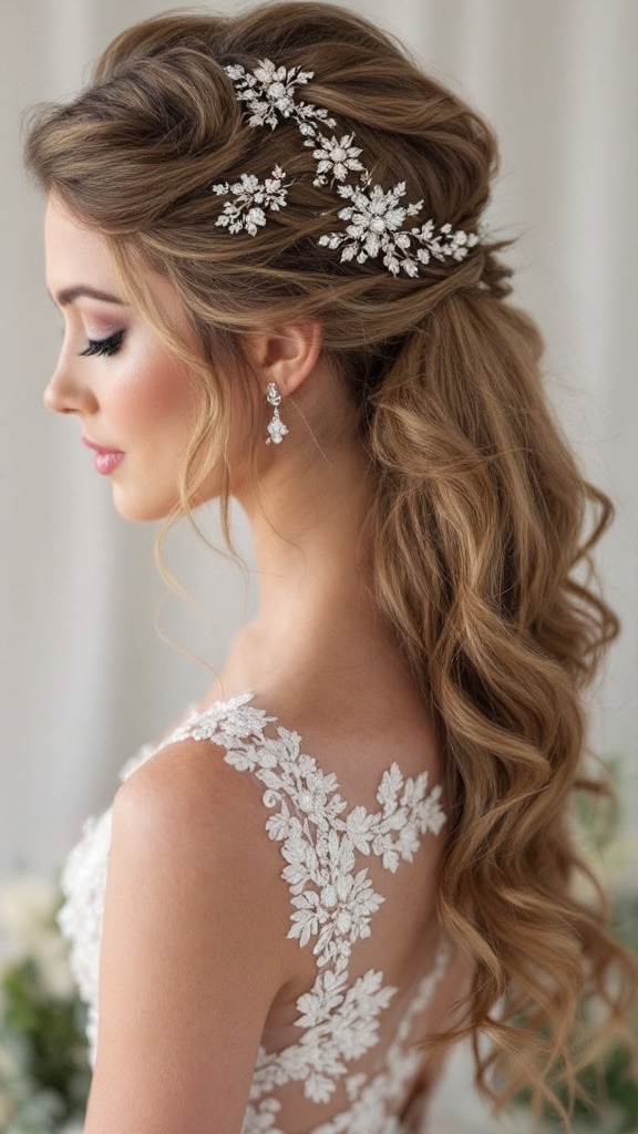 Bridal hairstyle featuring a romantic ponytail with waves and delicate hair accessories