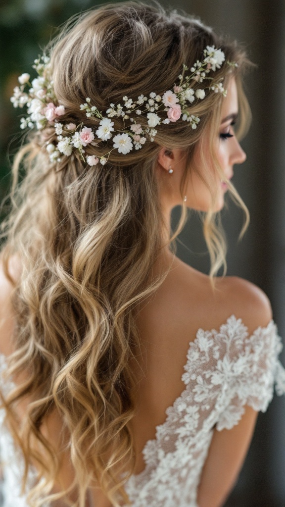 A woman with loose wavy hair adorned with flowers, wearing an elegant off-shoulder dress.