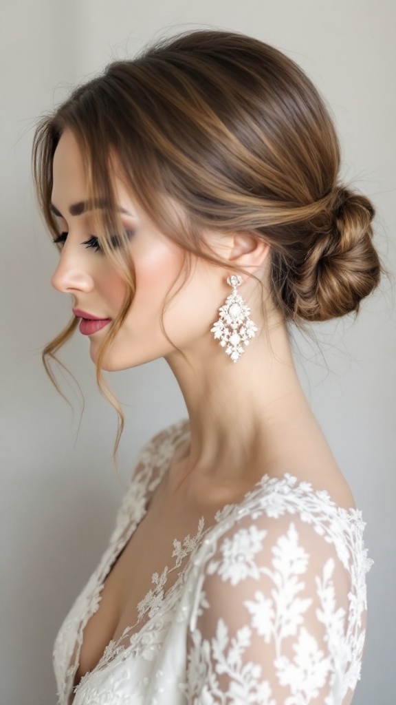 A woman with a sleek low bun and statement earrings, showcasing a stylish look.