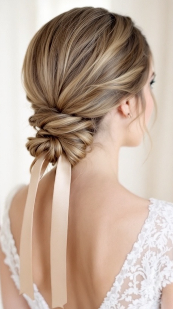 A close-up of a sleek low ponytail styled with a twist and ribbons.