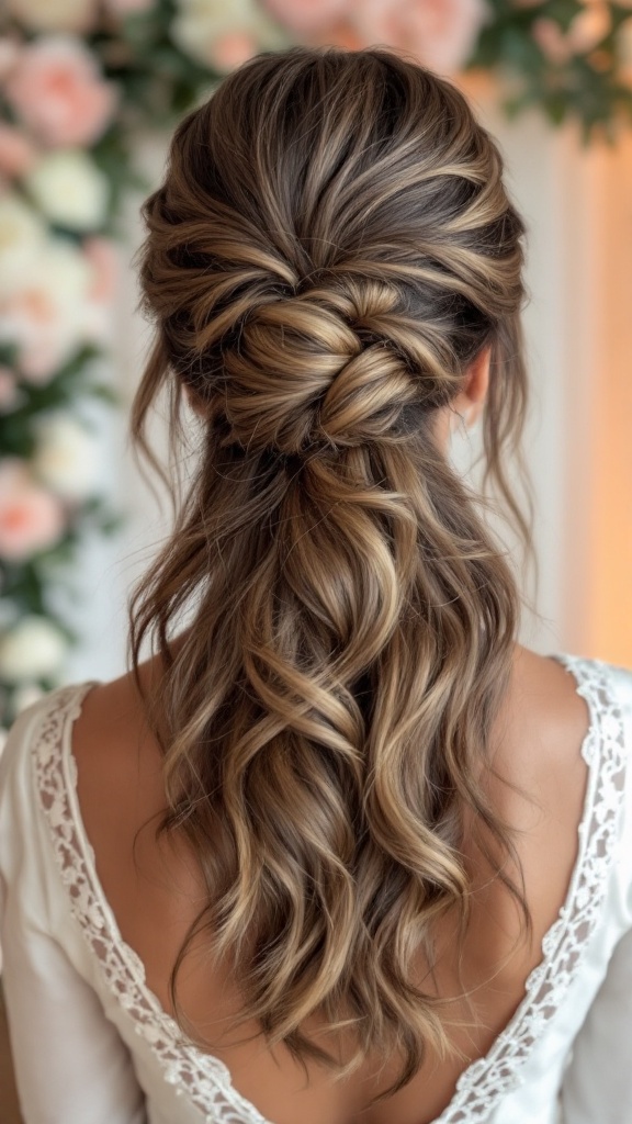 A styled hair look featuring a textured half-up ponytail with flowing locks.
