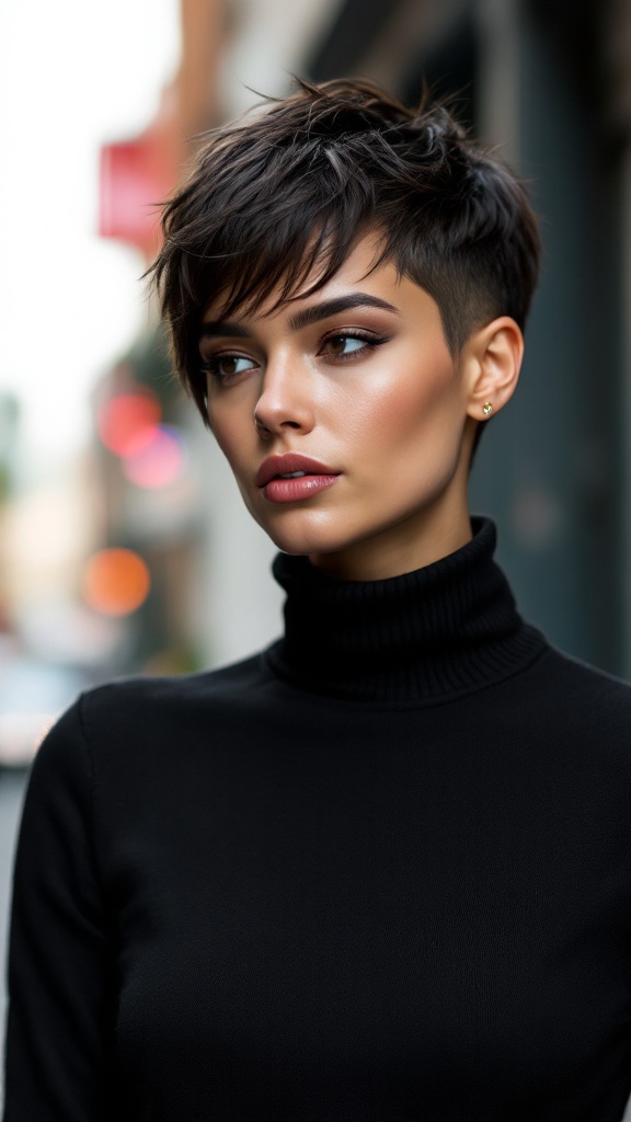 A woman with a textured pixie cut wearing a black turtleneck.