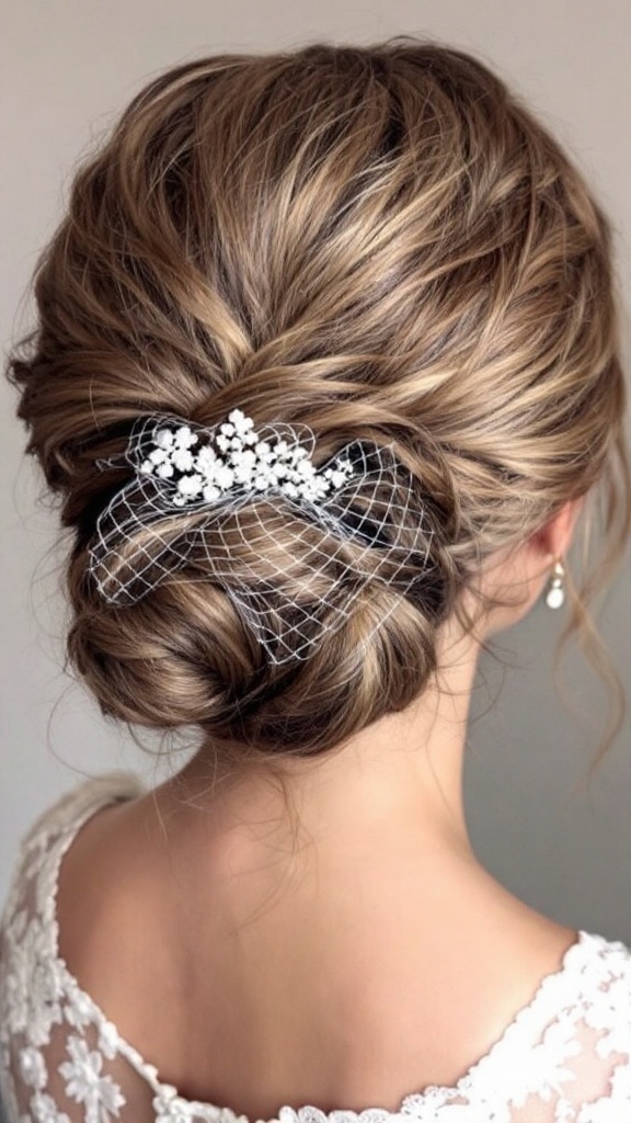 A beautiful textured updo hairstyle adorned with a birdcage veil and decorative hairpiece.