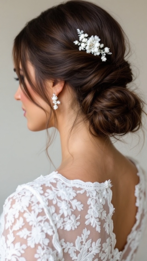 A woman with a twisted ponytail adorned with lace and floral accessories.