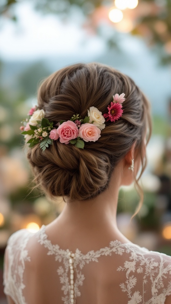 A woman with a twisted updo hairstyle adorned with pink and white flowers, showing an elegant back view.