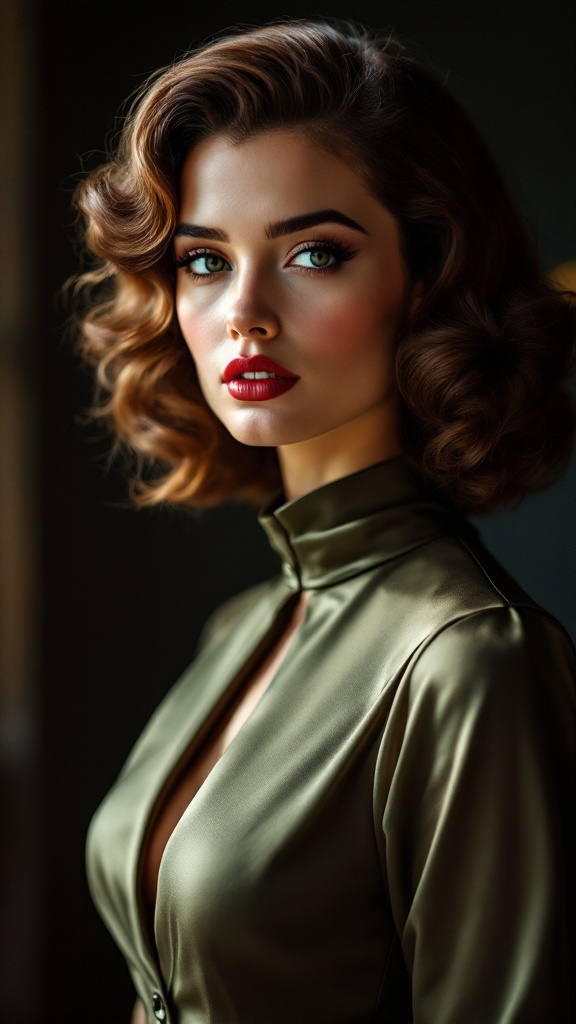 A woman with vintage glamour waves, featuring soft, flowing curls and elegant makeup.