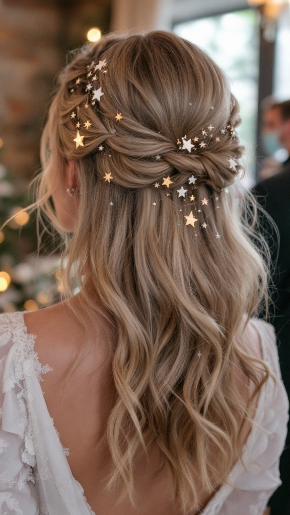 A half-up hairstyle featuring star accents, showcasing a playful and elegant look.