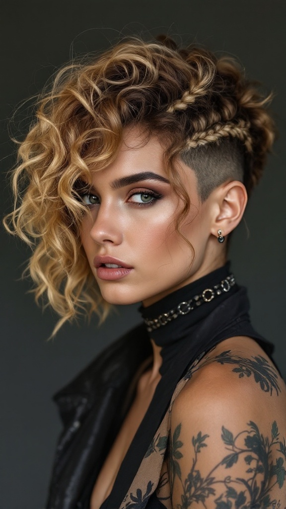 A stylish asymmetric curly haircut with subtle braids on one side.