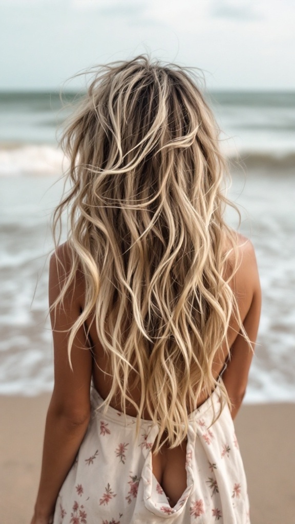 A person with long, wavy hair stands by the beach, wearing a floral dress.