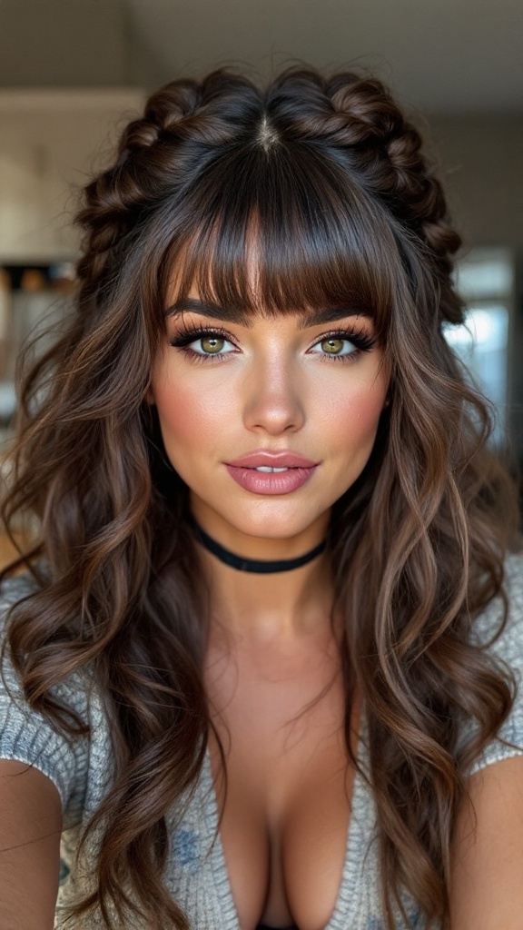 A stylish woman with braided bangs and bouncy curls.