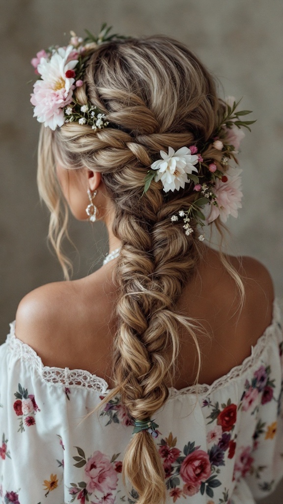 A woman with a braided crown hairstyle adorned with flowers.