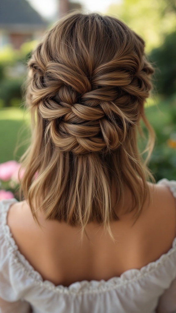 A woman with a braided crown updo hairstyle, showcasing a chic and elegant look.