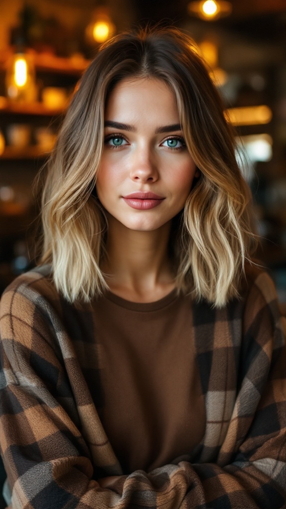 A young woman with shoulder-length hair styled straight with soft waves at the ends, wearing a plaid sweater.