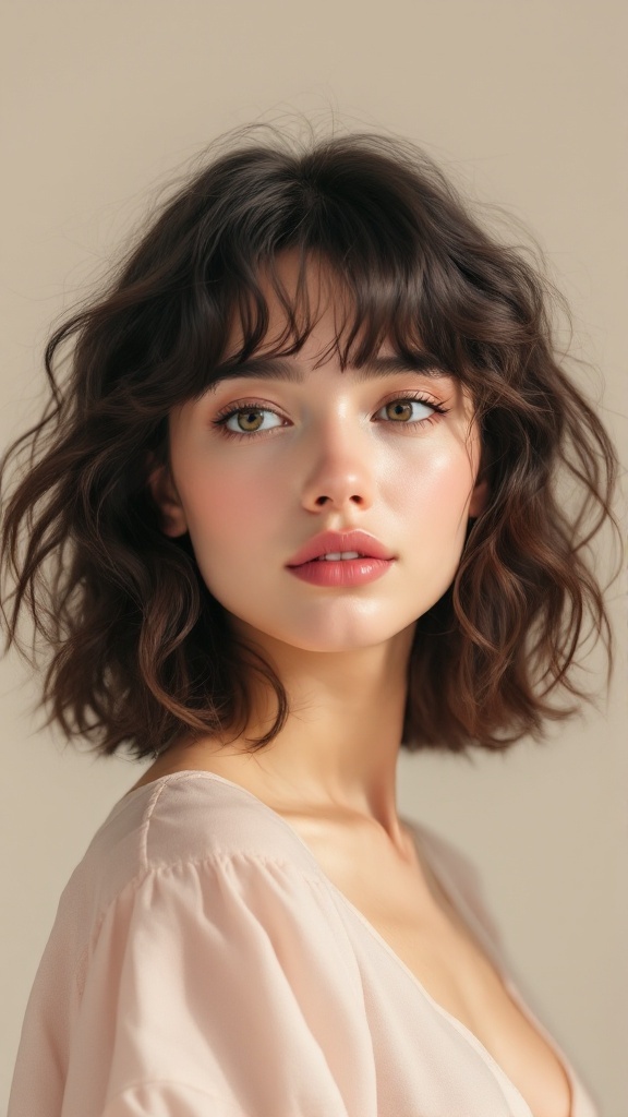A woman with shoulder-length curly hair and bangs, looking stylish.