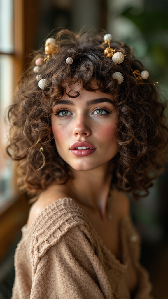 A woman with curly hair adorned with beads, showcasing a stylish look.