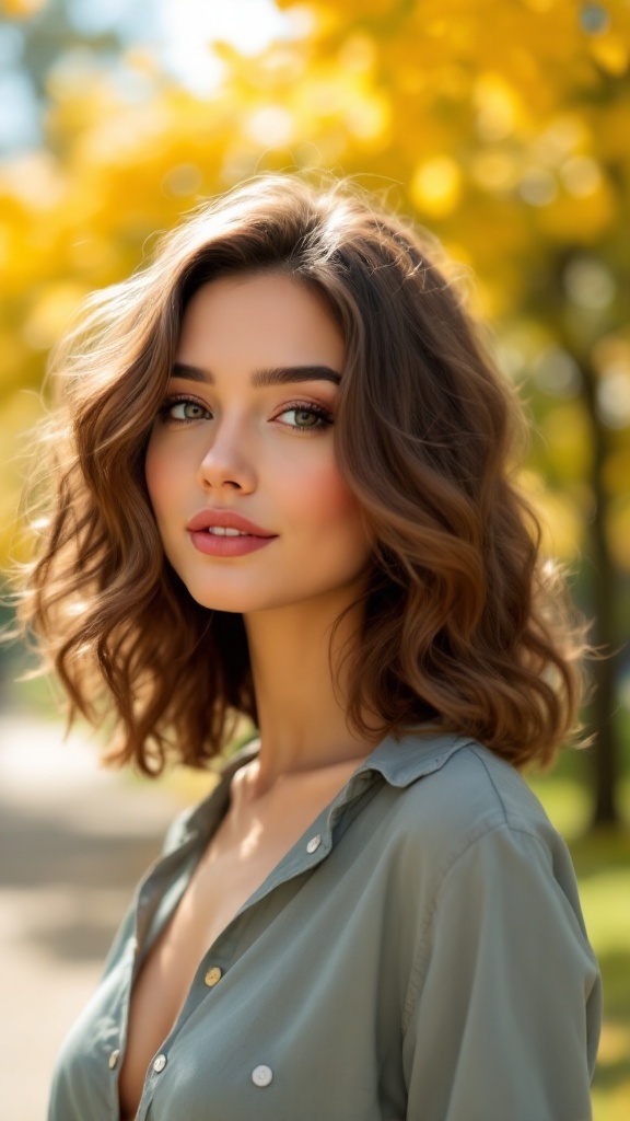 A woman with curly layered hair, smiling outdoors with a blurred background of yellow leaves.