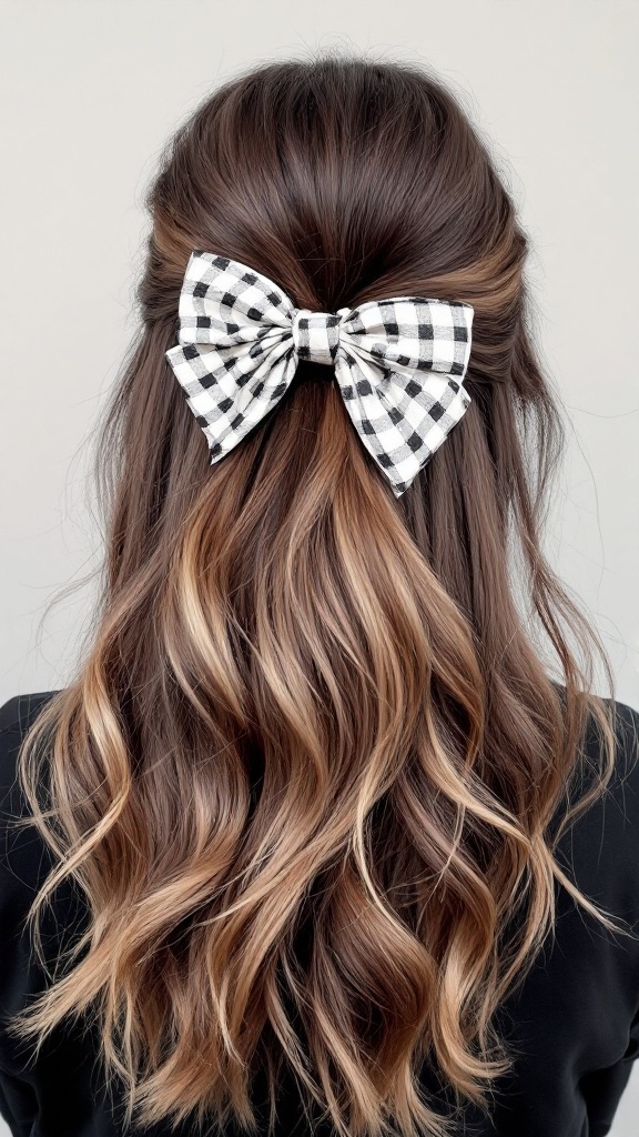 A half-up, half-down hairstyle with a black and white checkered bow.