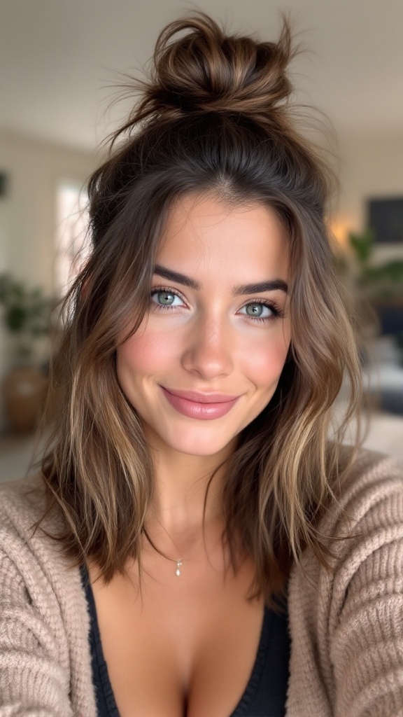 A person with shoulder-length hair styled in a messy top knot, smiling.