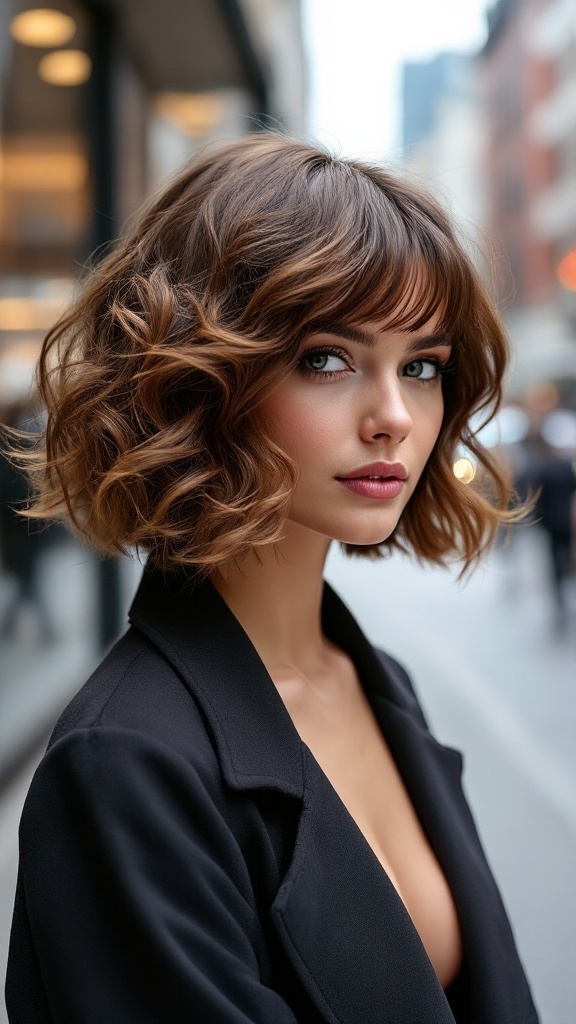 A woman with a sleek curly bob hairstyle, looking stylish in a black coat.