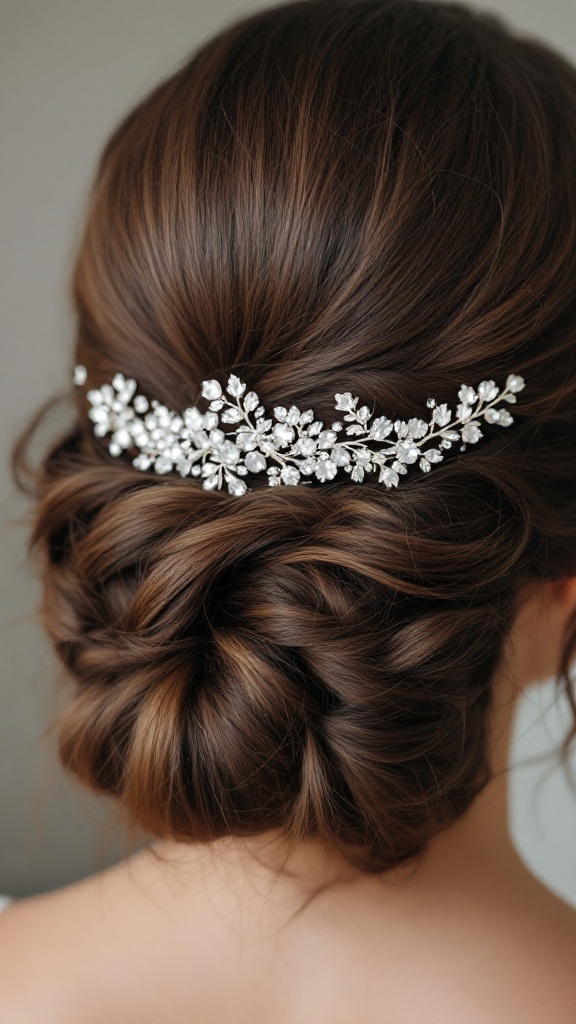 Elegant wedding hairstyle with sparkling floral hair accessory.