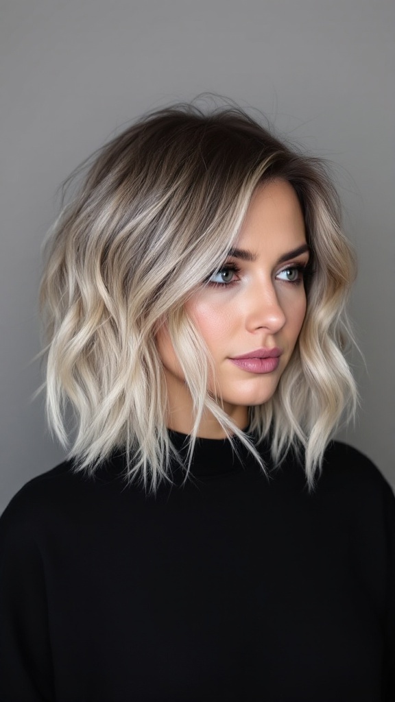 A woman with a textured bob hairstyle featuring soft waves, showcasing volume and style.