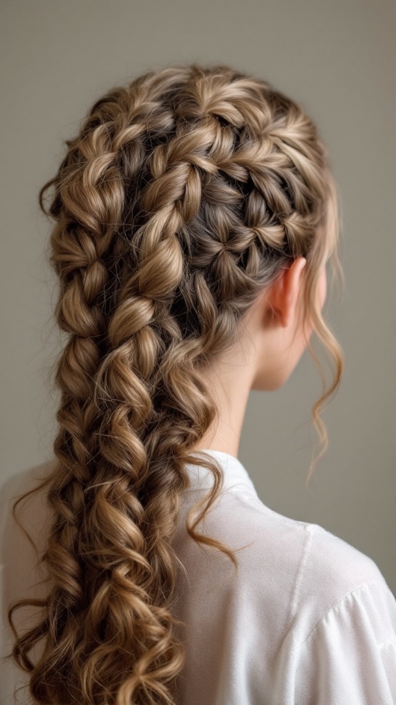 A back view of a hairstyle featuring twisted braids with spiraled ends.