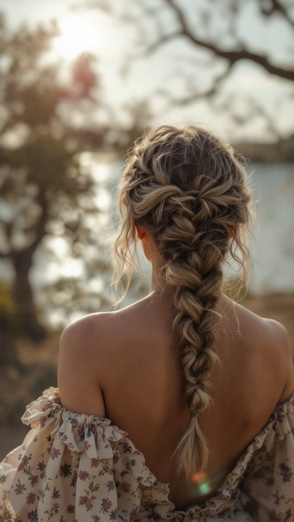 A woman with a twisted side braid hairstyle, showcasing a relaxed and romantic look.