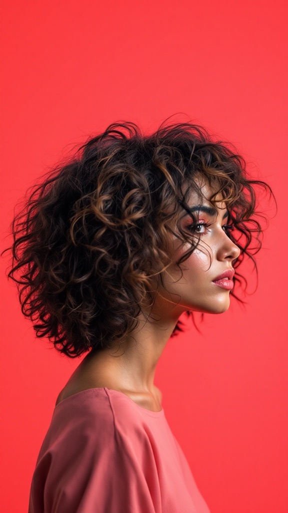 A woman with short, curly hair styled in a shag cut against a bright red background.