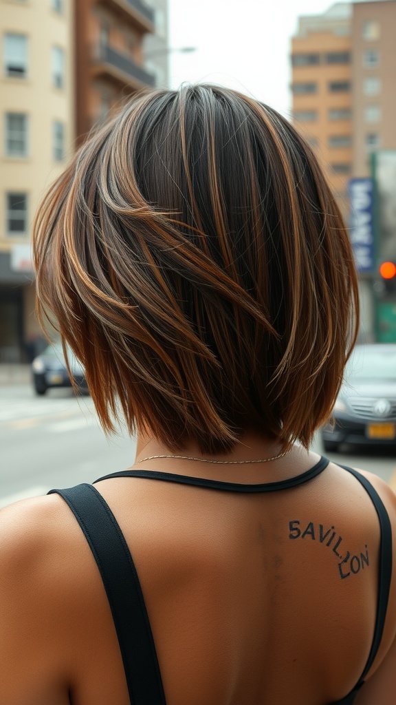 A person with an asymmetrical bob hairstyle, showcasing layered hair with dark and light hues.