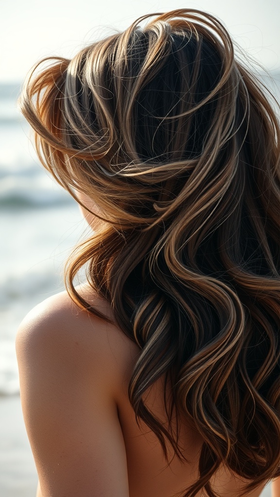 A close-up of long, wavy hair flowing in the wind with a beach background.