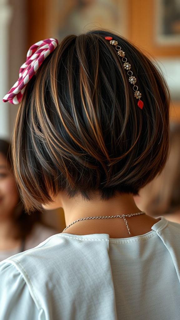 Back view of a person with a bob haircut, featuring a pink and white checkered bow and a floral hair clip.