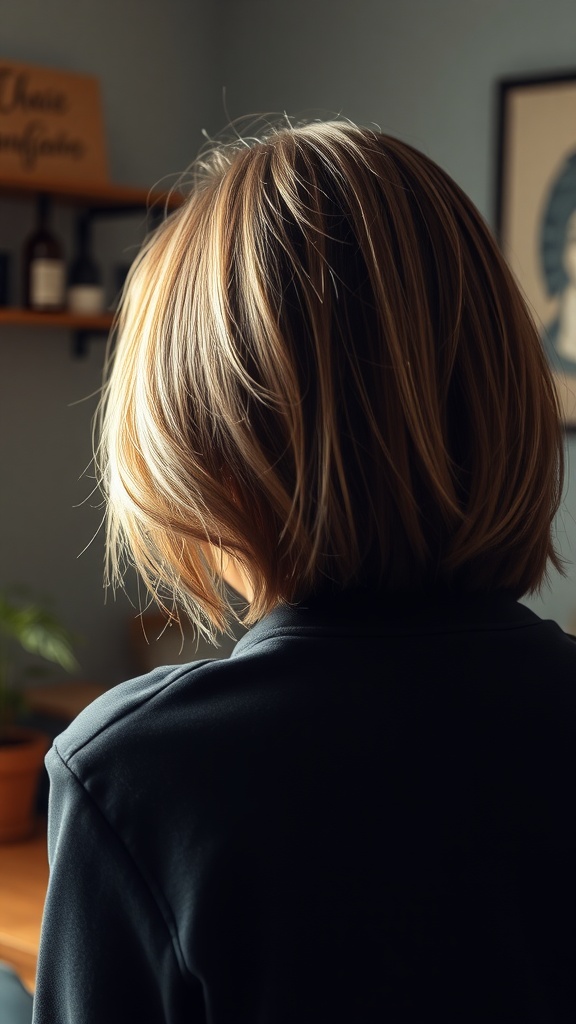 A close-up view of a bob hairstyle with highlights from the back, showcasing a blend of light and dark tones.