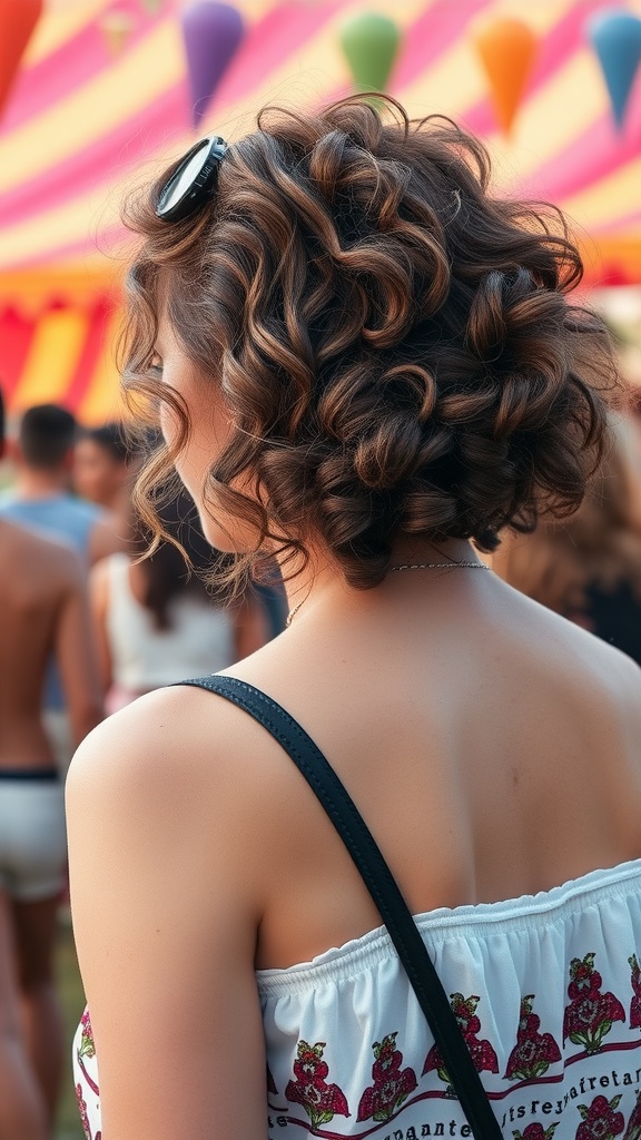 Woman with loose curls at a vibrant outdoor event.