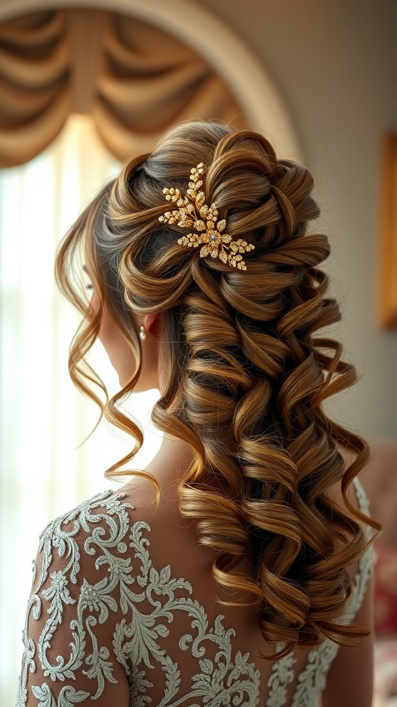 Bridal hairstyle with cascading curls and a gold hairpiece